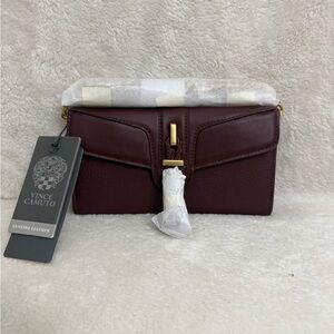 Vince Camuto Burgundy Leather Crossbody Wallet with Gold Hardware